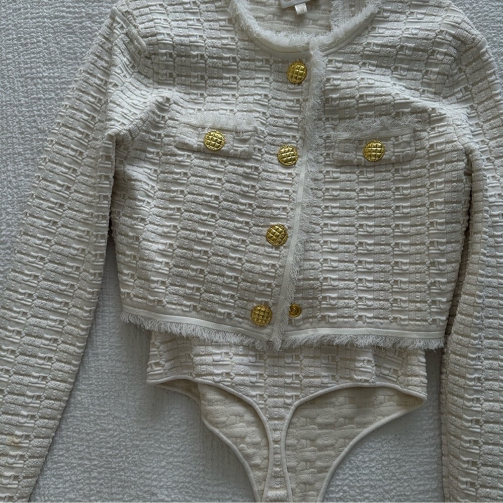 Ronny Kobo Collection Cream Tweed Cropped Blazer with Gold Buttons